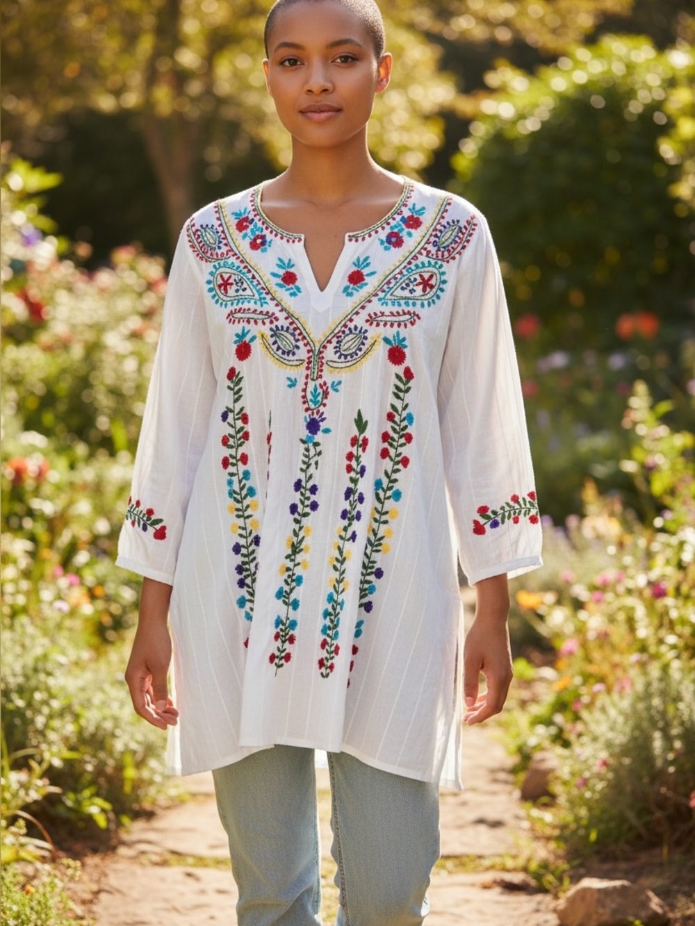 576. Raj White Embroidered V-Neck Women’s Top with Multicolor Floral Detail